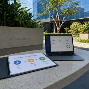 Sebuah notebook profesional terbuka menampilkan infografis alur strategis Cara Mengubah Pengunjung Website Menjadi Klien potensial di lingkungan bisnis outdoor.