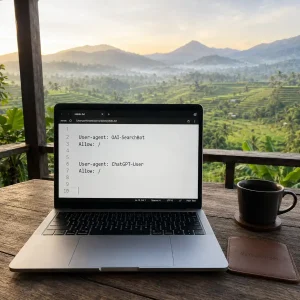 Sebuah laptop menampilkan kode konfigurasi cara setting robots.txt agar terindeks chatgpt di teras dengan latar belakang pegunungan dan sawah.