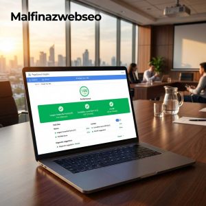 Layar laptop menampilkan skor sempurna 100 Google PageSpeed Insights untuk Core Web Vitals di kantor Malfinazwebseo Surabaya.