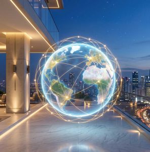 Ilustrasi jaringan konektivitas digital antar benua di sebuah ruang arsitektur modern, merepresentasikan ekspansi pasar jarak jauh dari Strategi Hybrid SEO Lokal dan Nasional.