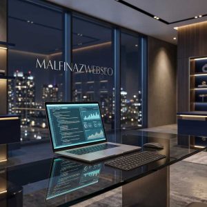 Meja kerja eksekutif mewah dengan laptop yang menampilkan data analitik SEO dan kode web development, merepresentasikan layanan digital premium Malfinazwebseo.