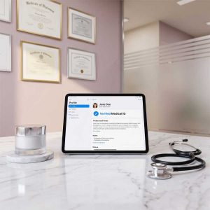 Visual meja konsultasi dokter di klinik estetika mewah dengan tablet digital dan sertifikat, merepresentasikan keahlian medis dalam layanan optimasi E-E-A-T kesehatan.