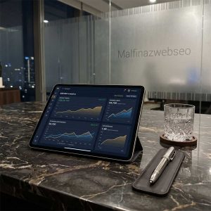 Dashboard analisis data pencarian yang dirancang oleh konsultan SEO bisnis luxury di atas meja kerja marmer untuk klien B2B kelas atas.
