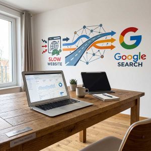 Representasi visual arsitektur jalur data yang efisien di ruang kerja minimalis sebagai hasil dari implementasi jasa perbaikan indexing Google oleh Malfinazwebseo untuk Klien B2B.