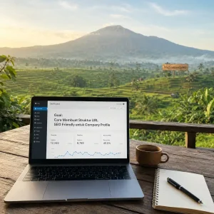 Pemandangan laptop di area teras dengan latar belakang sawah bertumpuk, menampilkan panduan cara membuat struktur URL SEO friendly untuk company profile.