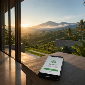 Smartphone menampilkan website stabil di teras villa dengan view sawah, menekankan pentingnya core web vitals untuk SEO (INP & CLS).