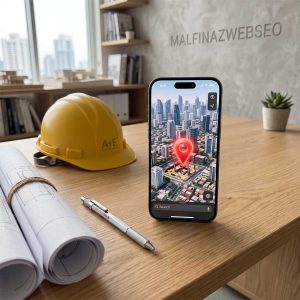 Ilustrasi meja kerja arsitektur dengan smartphone yang menampilkan peta digital, merepresentasikan layanan jasa seo lokal bisnis kontraktor untuk mendominasi pencarian area.