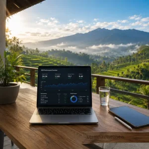 Tempat kerja outdoor memperlihatkan strategi backlink berkualitas untuk B2B berlatar pemandangan pegunungan