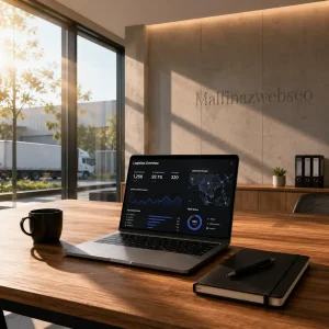 Penerapan strategi keyword SEO jasa ekspedisi oleh Malfinazwebseo pada laptop di meja kantor logistik modern.