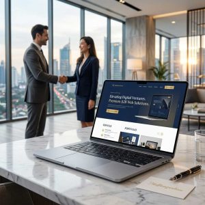 CEO perusahaan berinteraksi dengan visualisasi landing page mewah hasil optimasi web developer khusus klien kelas atas.