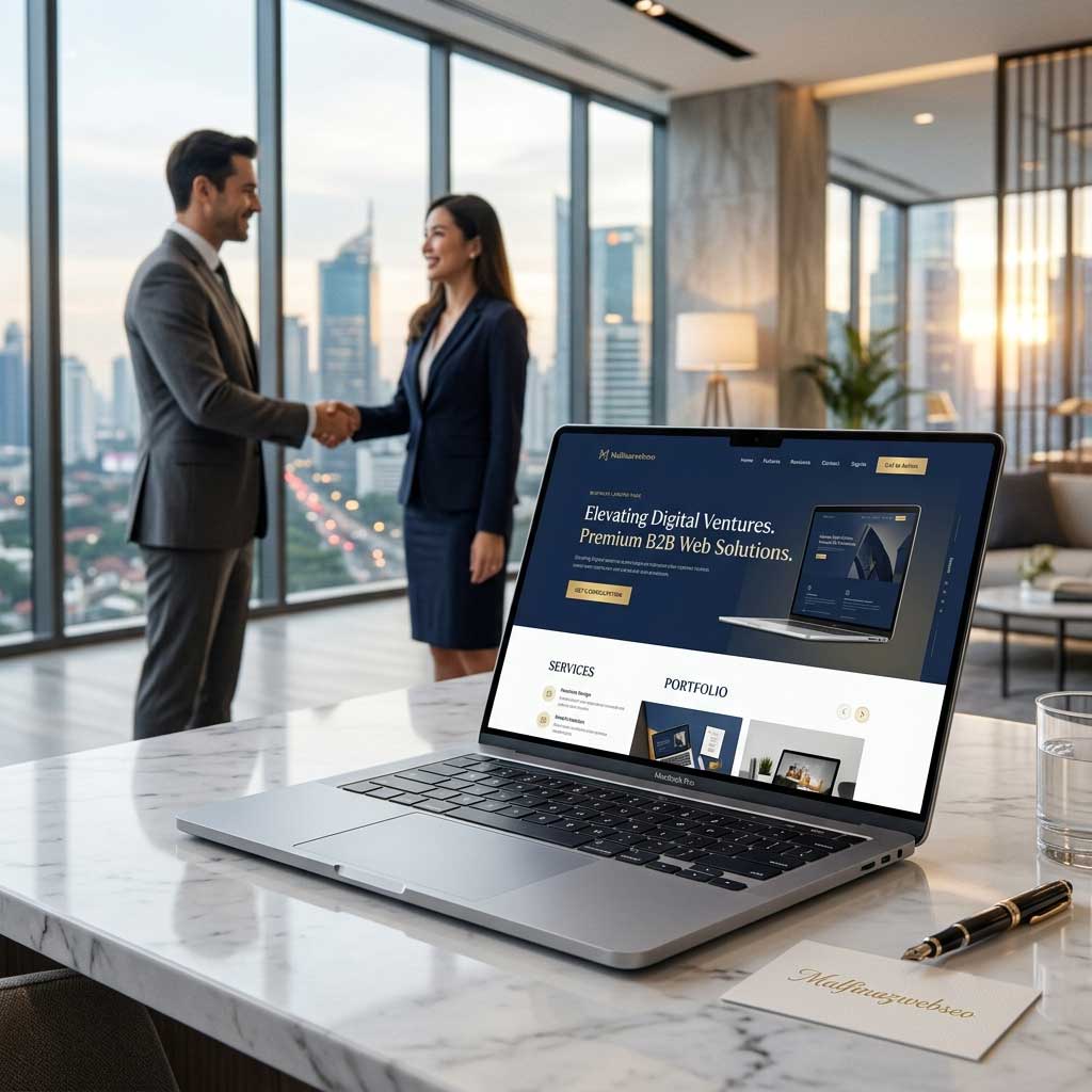 CEO perusahaan berinteraksi dengan visualisasi landing page mewah hasil optimasi web developer khusus klien kelas atas.